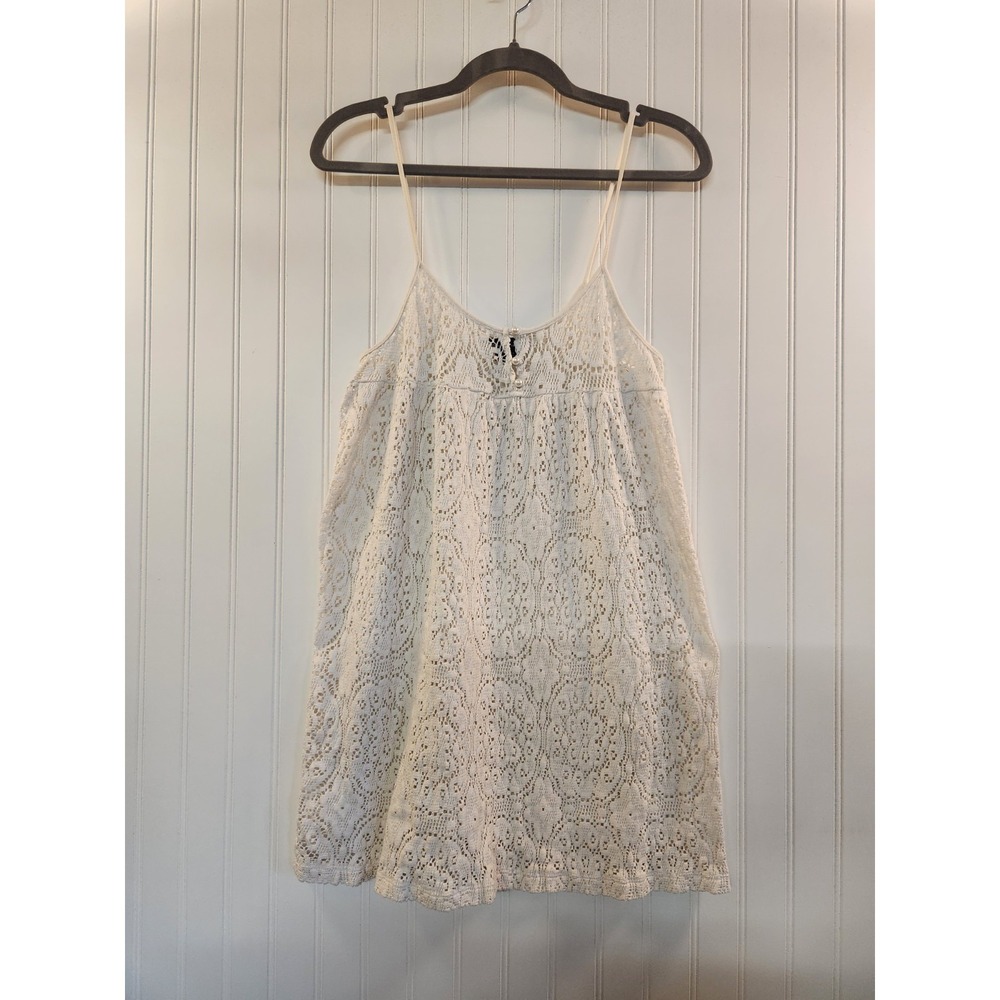 Moda Women's White Lace Pearl Button Long Tank Top Size M Breathable Flowy Fairy